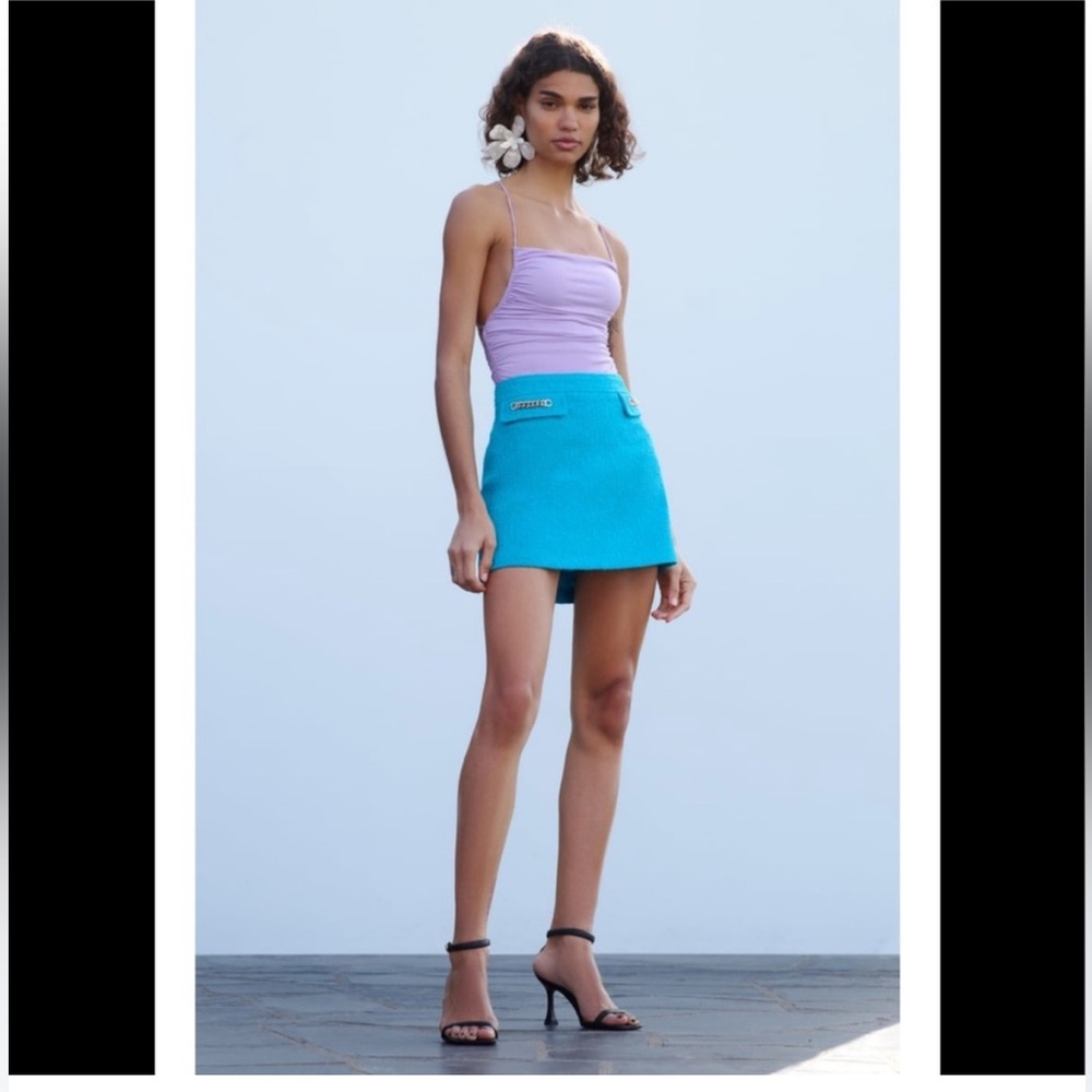 Zara Tweed Chain Turquoise Mini Skirt